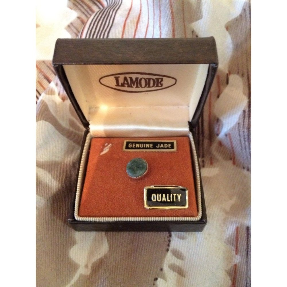 Vintage Tie Tack Jade and Gold in Original Box Lamode Mad Man Era Man Cave Decor